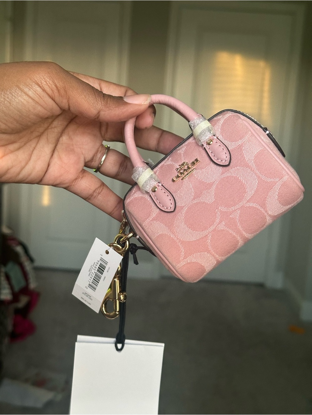 Coach Pink Signature Denim Mini Rowan charm NWT